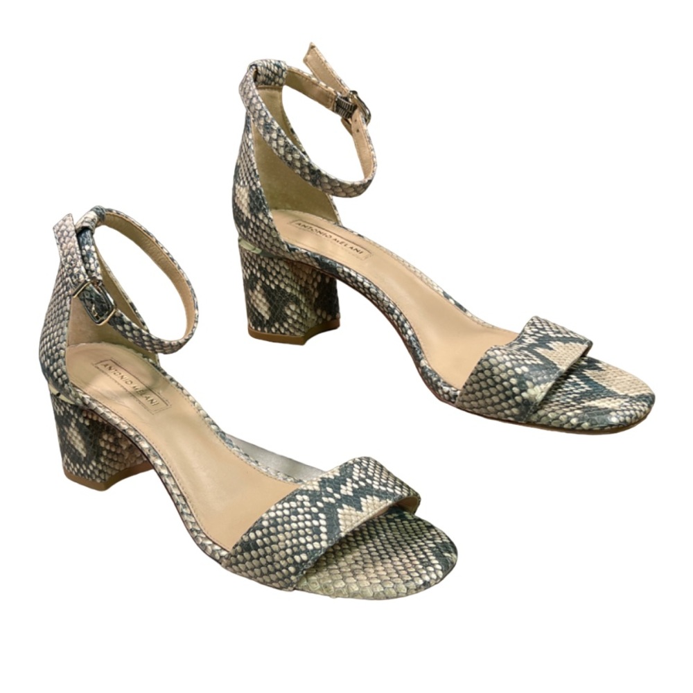 Antonio Melani snake print heels ankle strap green cream leather sole size 8M